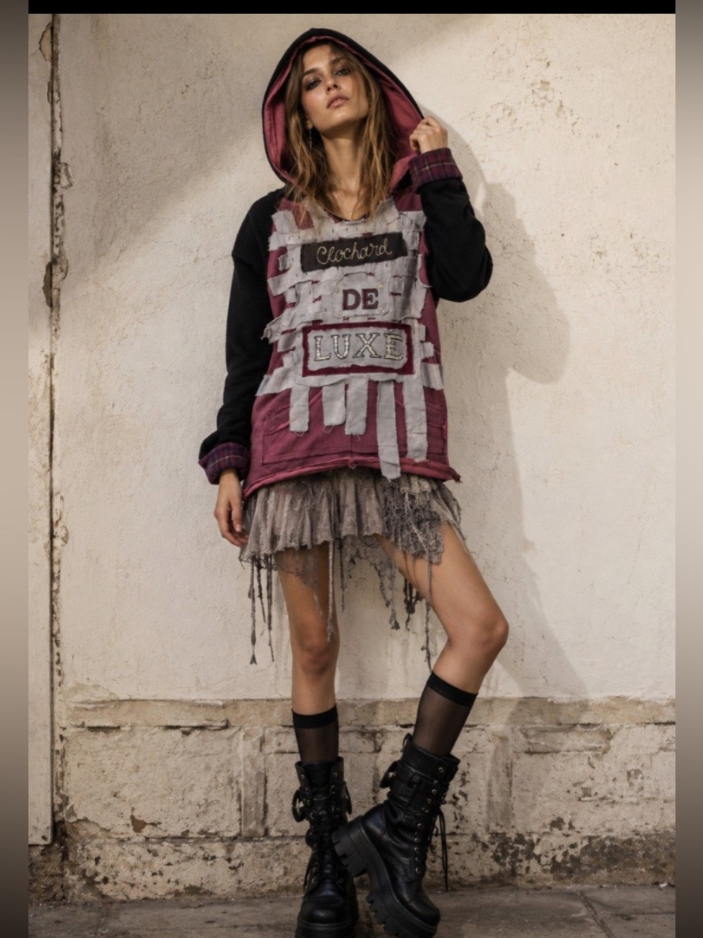 Hand Crafted Burgundy & Black Hooded Sweatshirt with 'De Luxe' Patch